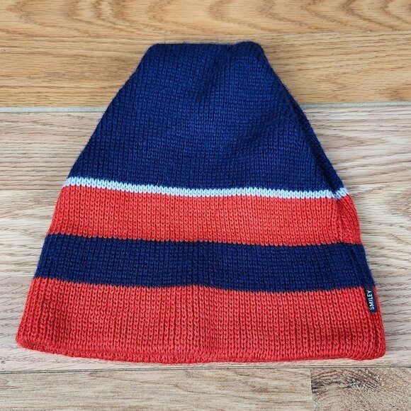 Vintage Smiley Wool Beanie Hat Red/Blue/White Striped Winter Cap Ribbed Band - Picture 1 of 6